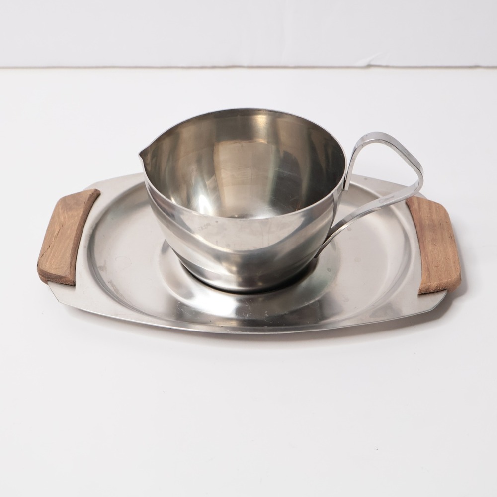 VTG Monarch Mark III Stainless Steel‎ Gravy Boat & Tray Wood Handles Japan MCM